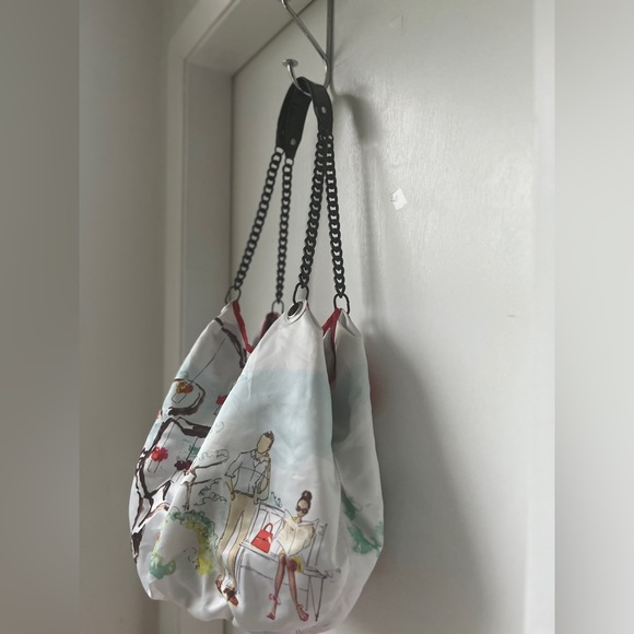 DSW Reversible Purse Bag Black Striped Lady Tree Walking Dog Couple Park Bench - Picture 5 of 13